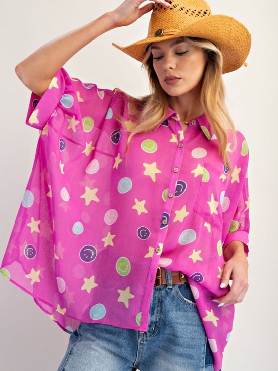 Easel Los Angeles Tops - EASEL BRAND Bright Pink Star & Smile Print Sheer Button-Down Shirt